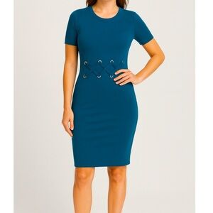 Michael Kors Blue Sheath Mini Dress Short Sleeve Crew Neck